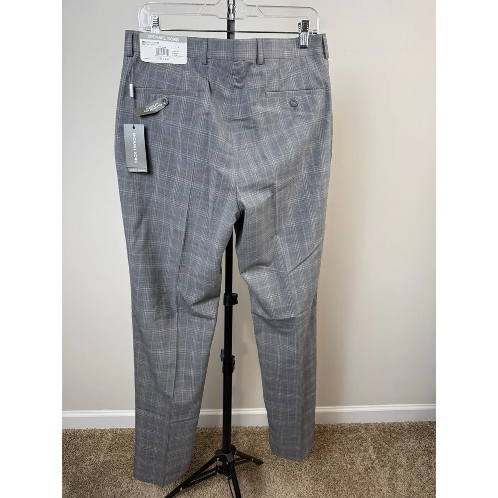 NEW Michael Kors Modern Fit Wool Blend Plaid Pants Light Grey Men's 32W x 34L